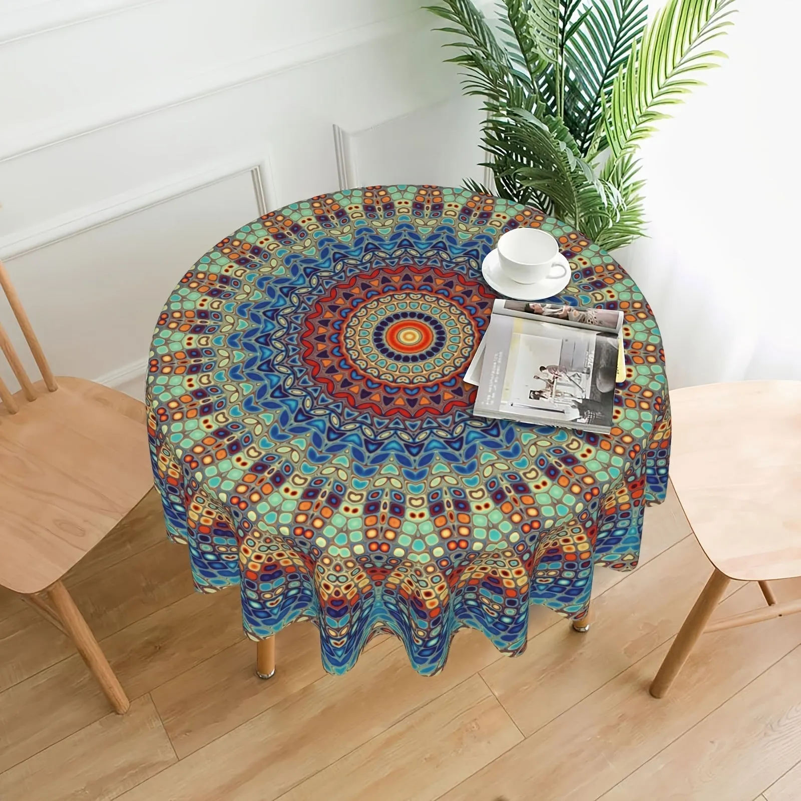 1pc Vibrant Mandala Round Tablecloth - Waterproof Circular Patio Dining Table Cover for Backyard BBQ Picnic - 60 Inch Boho Chic Home Kitchen Decoration with Easy Clean and Stain Resistant Features