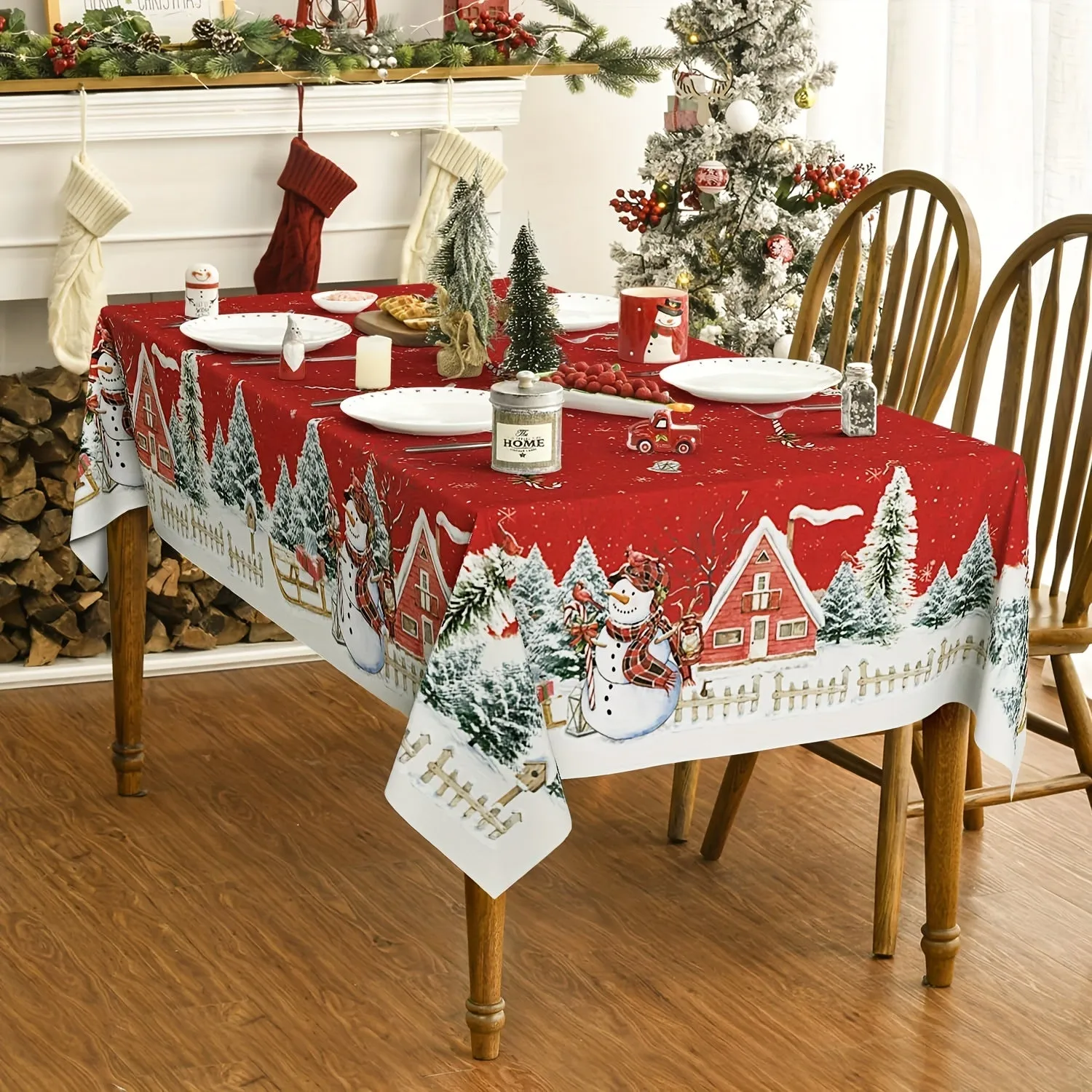 1pc Vibrant Snowman Snowflake Polyester Tablecloth - Waterproof, Woven, Machine Made, Rectangle Shape - Perfect for Merry Christmas, Holiday Desktop Decoration, Home Decor, Gift Idea