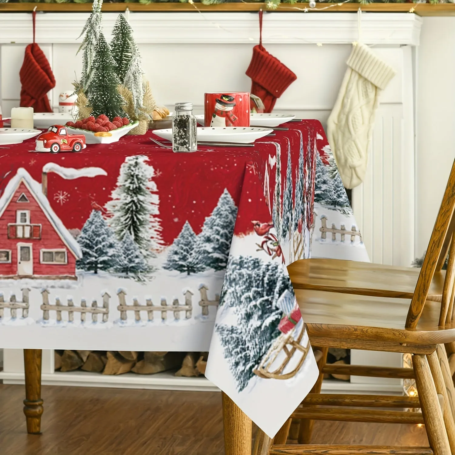 1pc Vibrant Snowman Snowflake Polyester Tablecloth - Waterproof, Woven, Machine Made, Rectangle Shape - Perfect for Merry Christmas, Holiday Desktop Decoration, Home Decor, Gift Idea