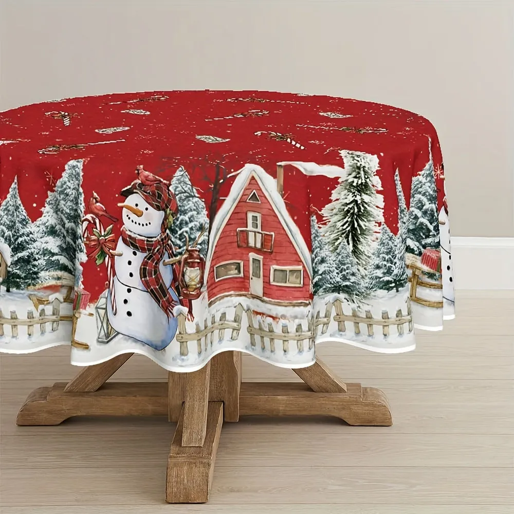 1pc Vibrant Snowman Snowflake Polyester Tablecloth - Waterproof, Woven, Machine Made, Rectangle Shape - Perfect for Merry Christmas, Holiday Desktop Decoration, Home Decor, Gift Idea