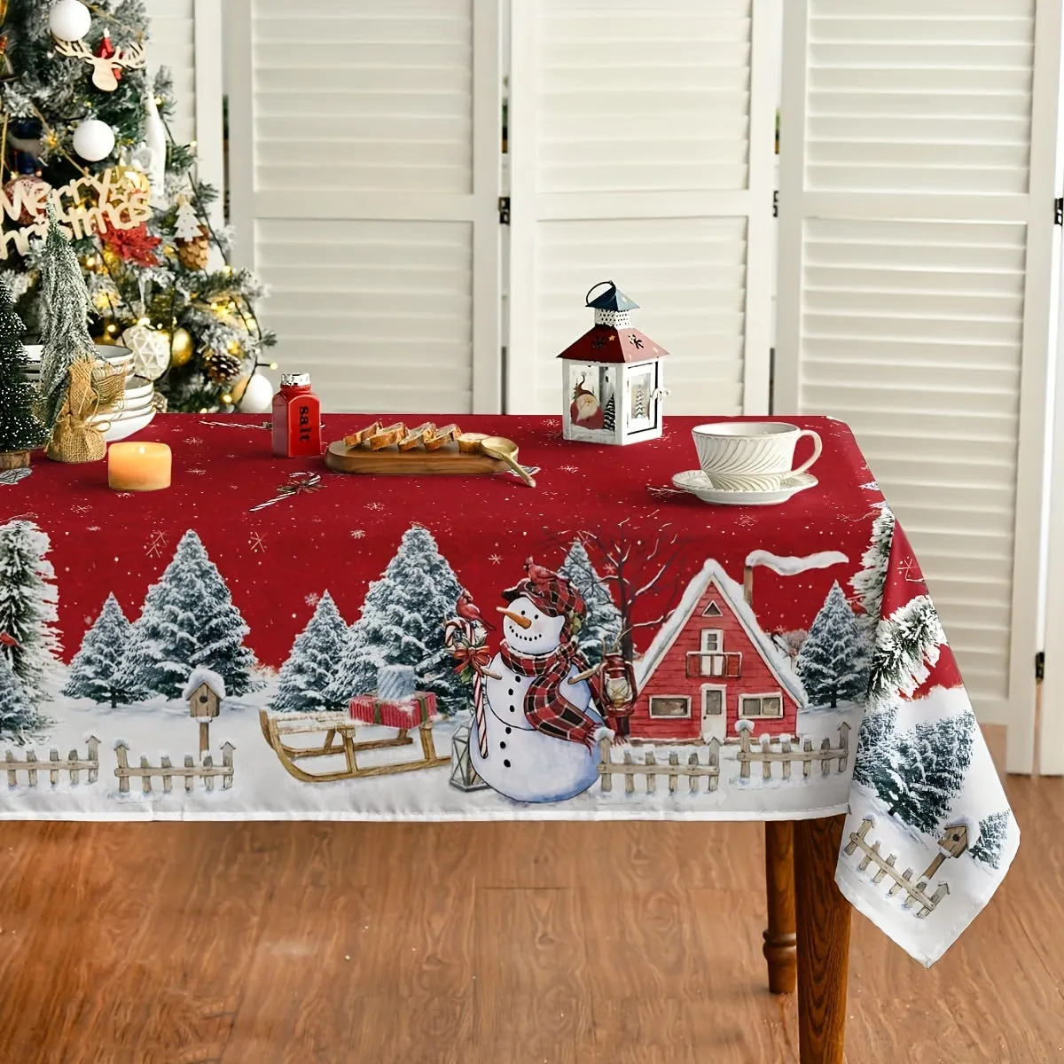 1pc Vibrant Snowman Snowflake Polyester Tablecloth - Waterproof, Woven, Machine Made, Rectangle Shape - Perfect for Merry Christmas, Holiday Desktop Decoration, Home Decor, Gift Idea