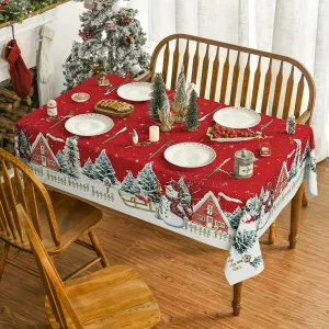 1pc Vibrant Snowman Snowflake Polyester Tablecloth - Waterproof, Woven, Machine Made, Rectangle Shape - Perfect for Merry Christmas, Holiday Desktop Decoration, Home Decor, Gift Idea