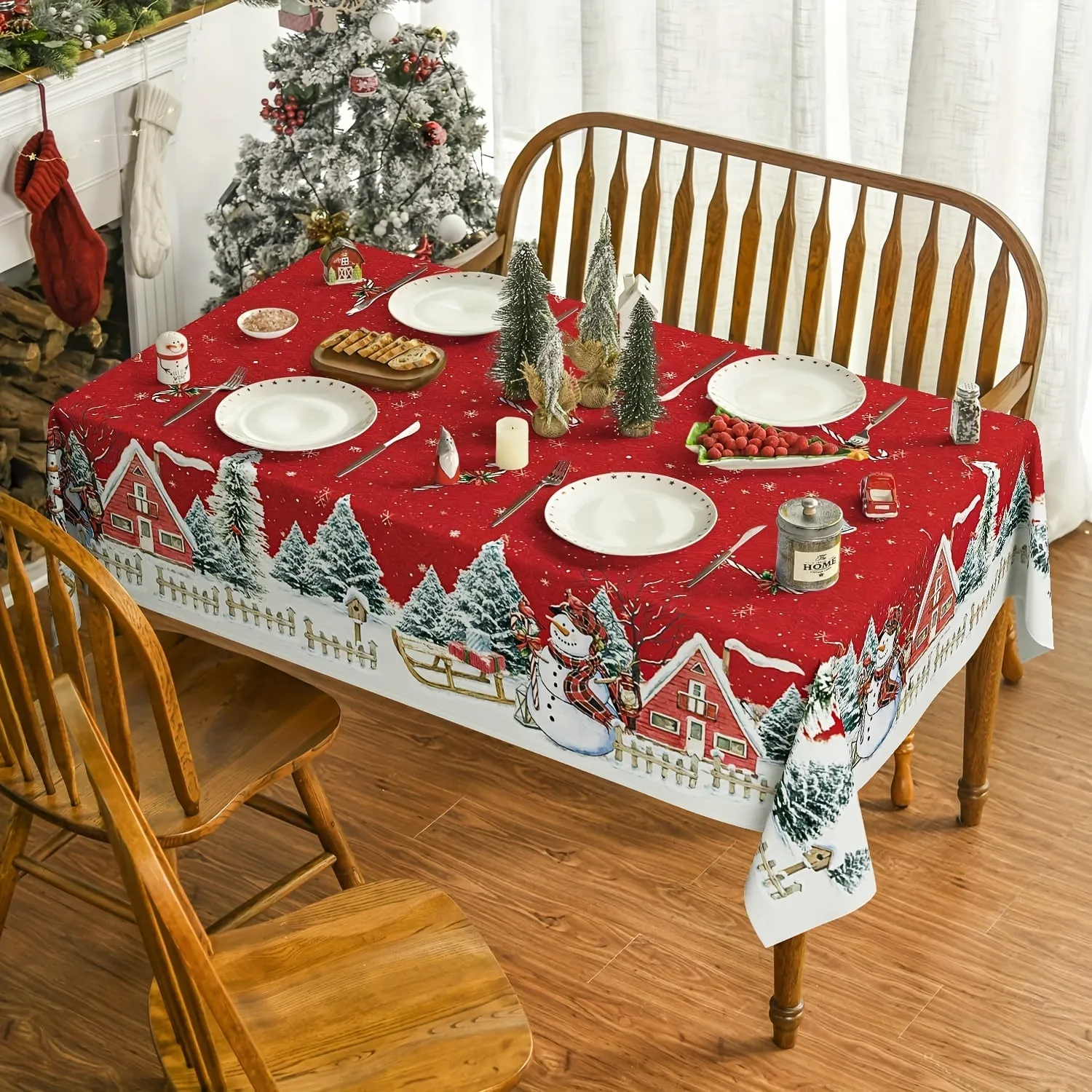 1pc Vibrant Snowman Snowflake Polyester Tablecloth - Waterproof, Woven, Machine Made, Rectangle Shape - Perfect for Merry Christmas, Holiday Desktop Decoration, Home Decor, Gift Idea