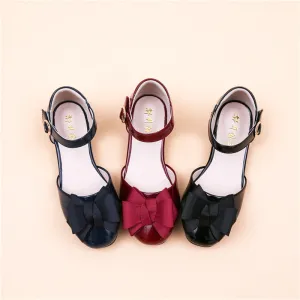 Big Kids' Hollow Velcro Patent Leather Shoes with Bow