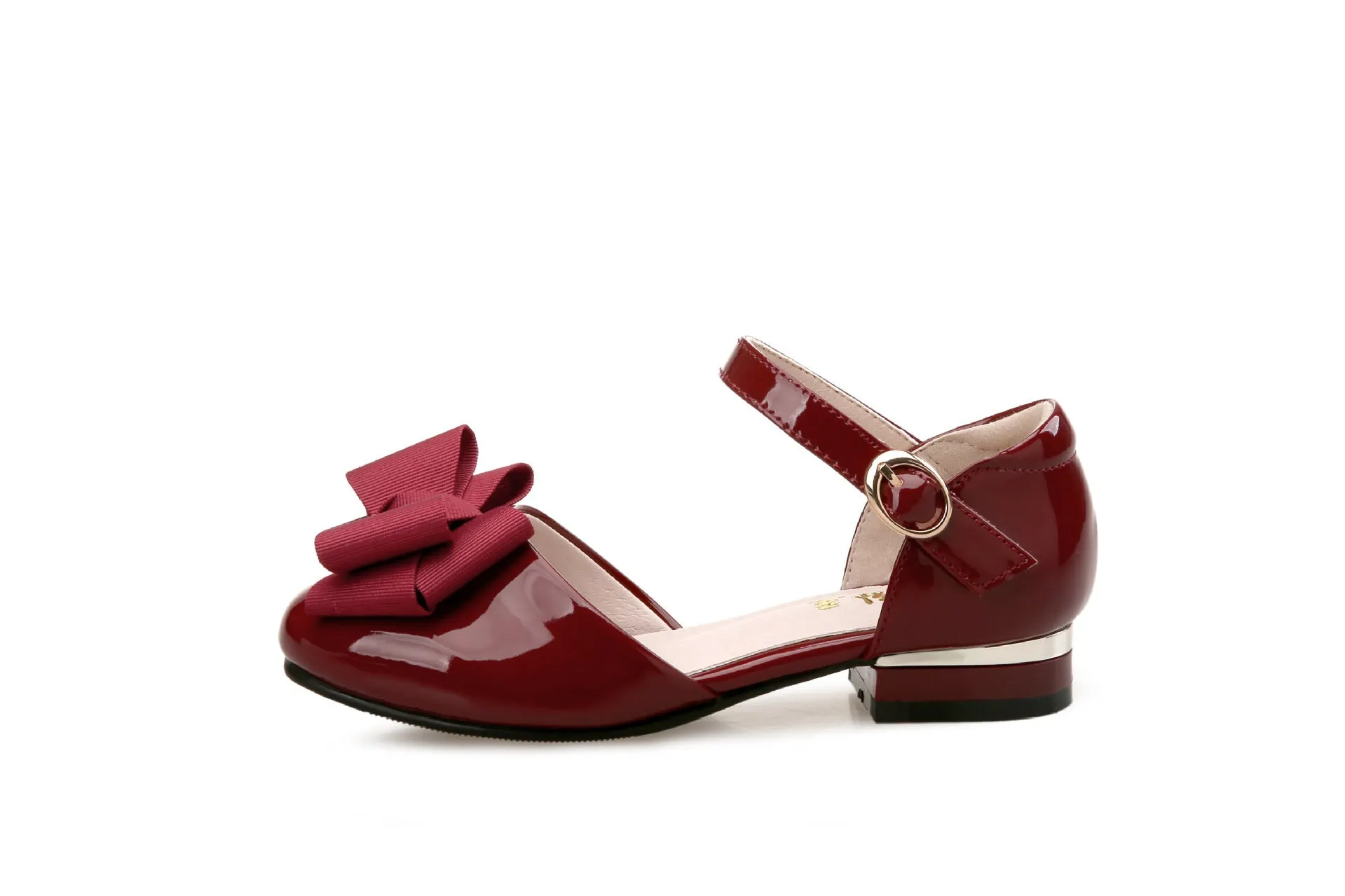 Big Kids' Hollow Velcro Patent Leather Shoes with Bow