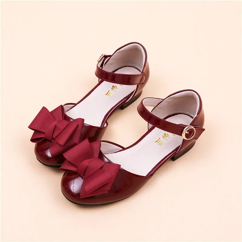 Big Kids' Hollow Velcro Patent Leather Shoes with Bow