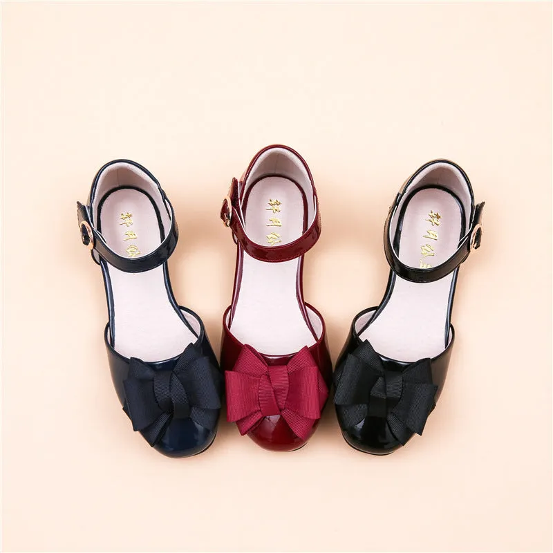 Big Kids' Hollow Velcro Patent Leather Shoes with Bow
