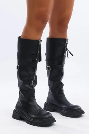 Black Strappy Knee High Boots