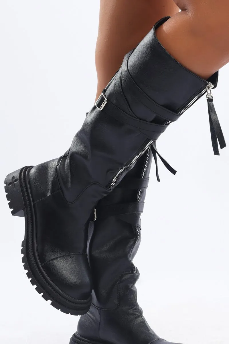Black Strappy Knee High Boots