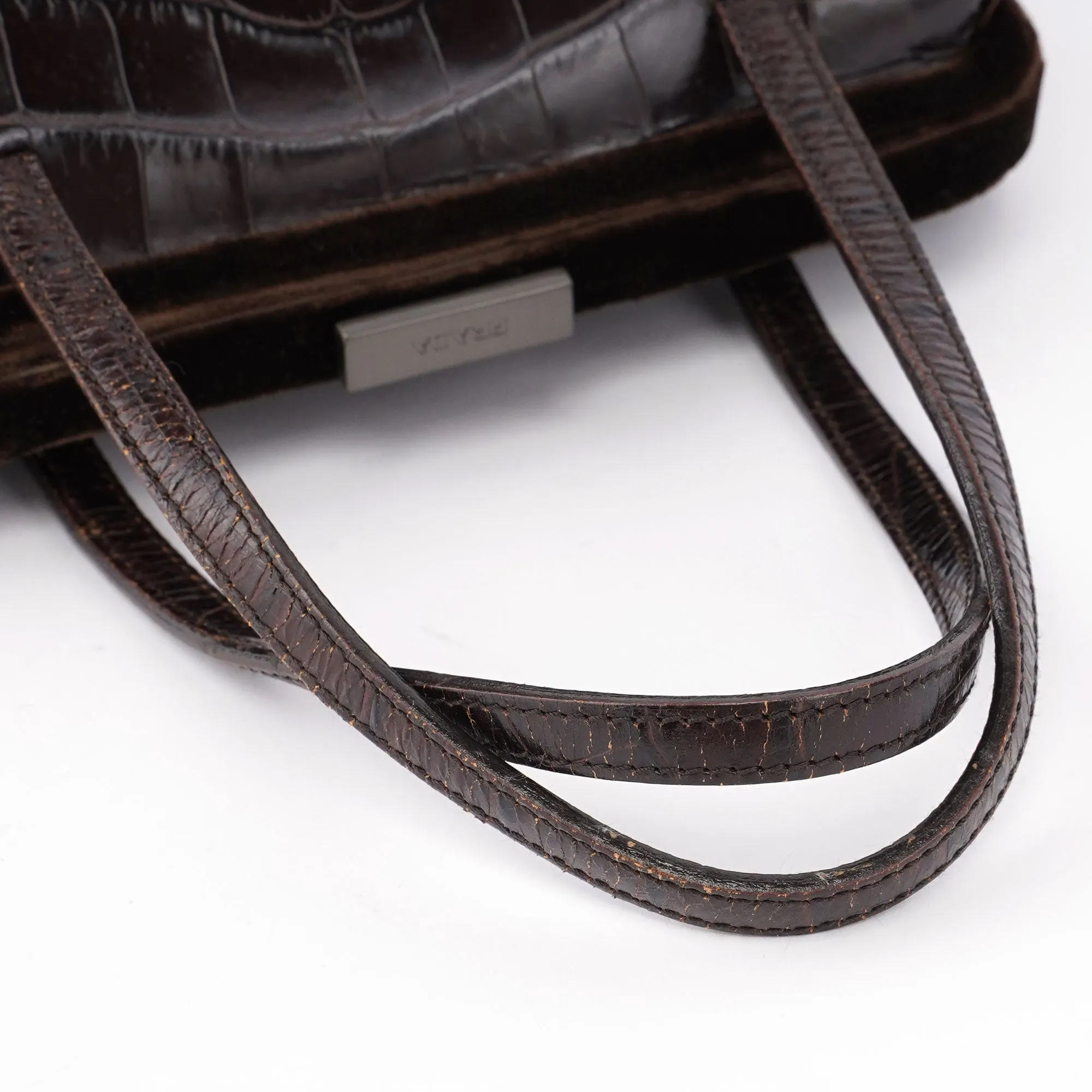 Brown Croc Embossed Clutch Top Handle Bag