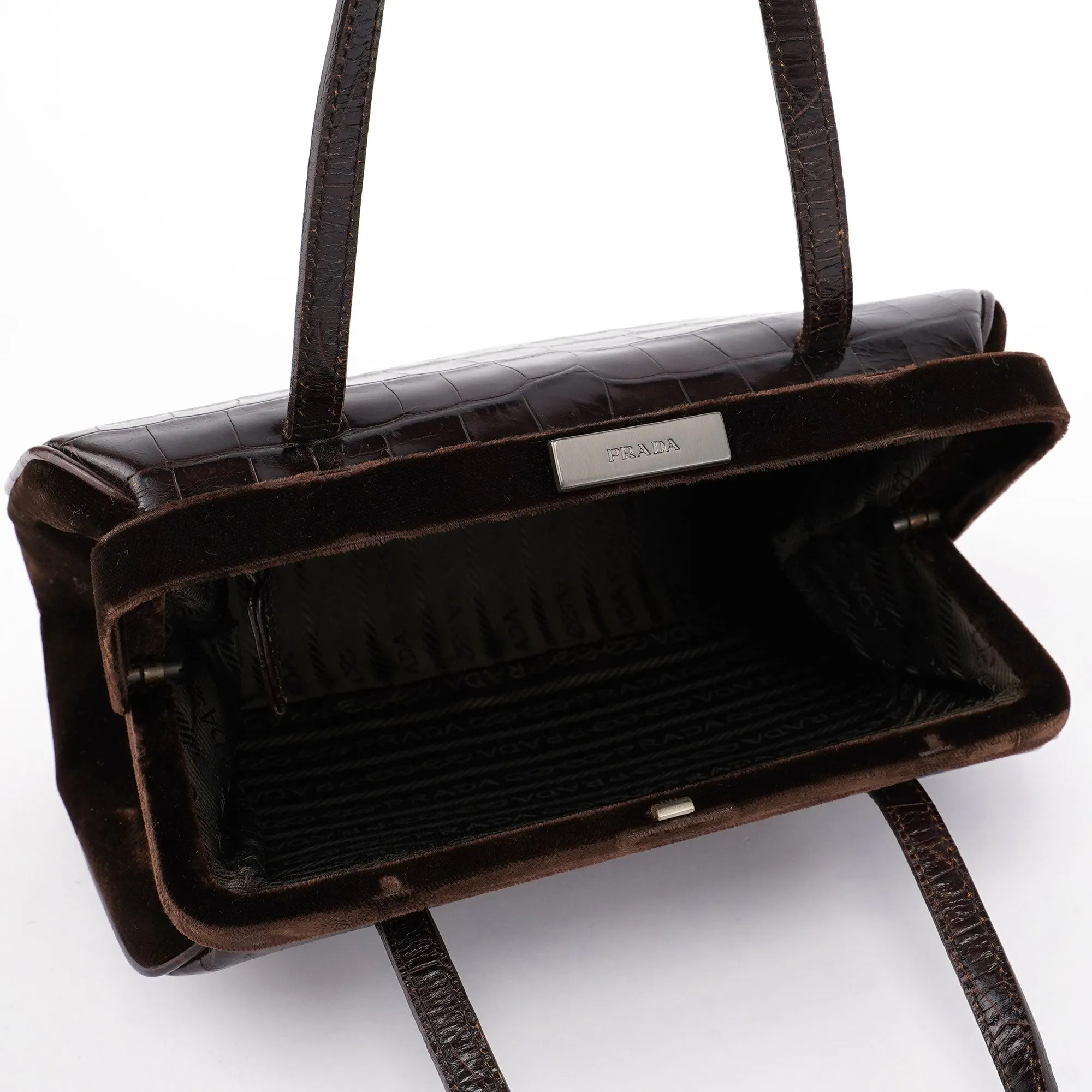 Brown Croc Embossed Clutch Top Handle Bag