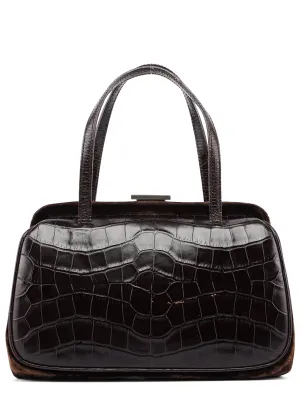 Brown Croc Embossed Clutch Top Handle Bag