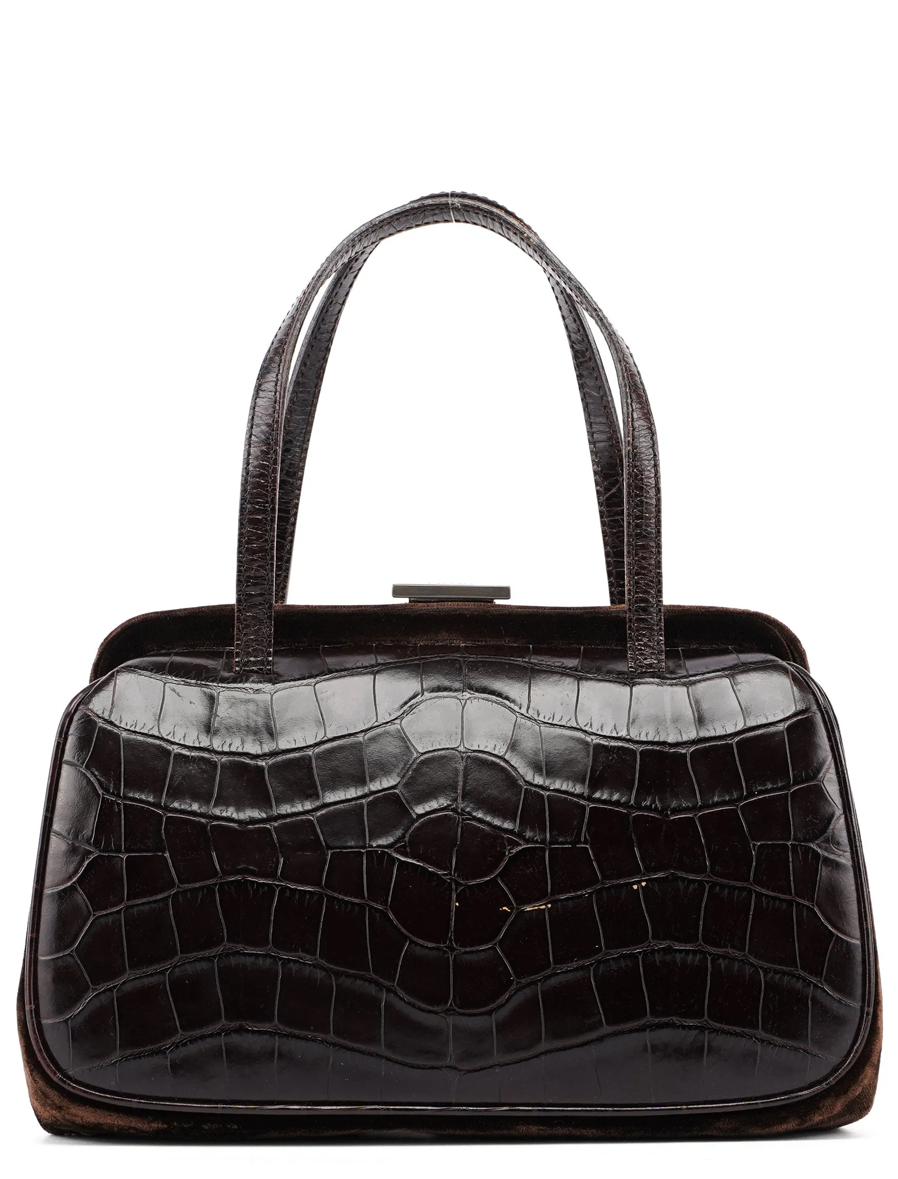 Brown Croc Embossed Clutch Top Handle Bag