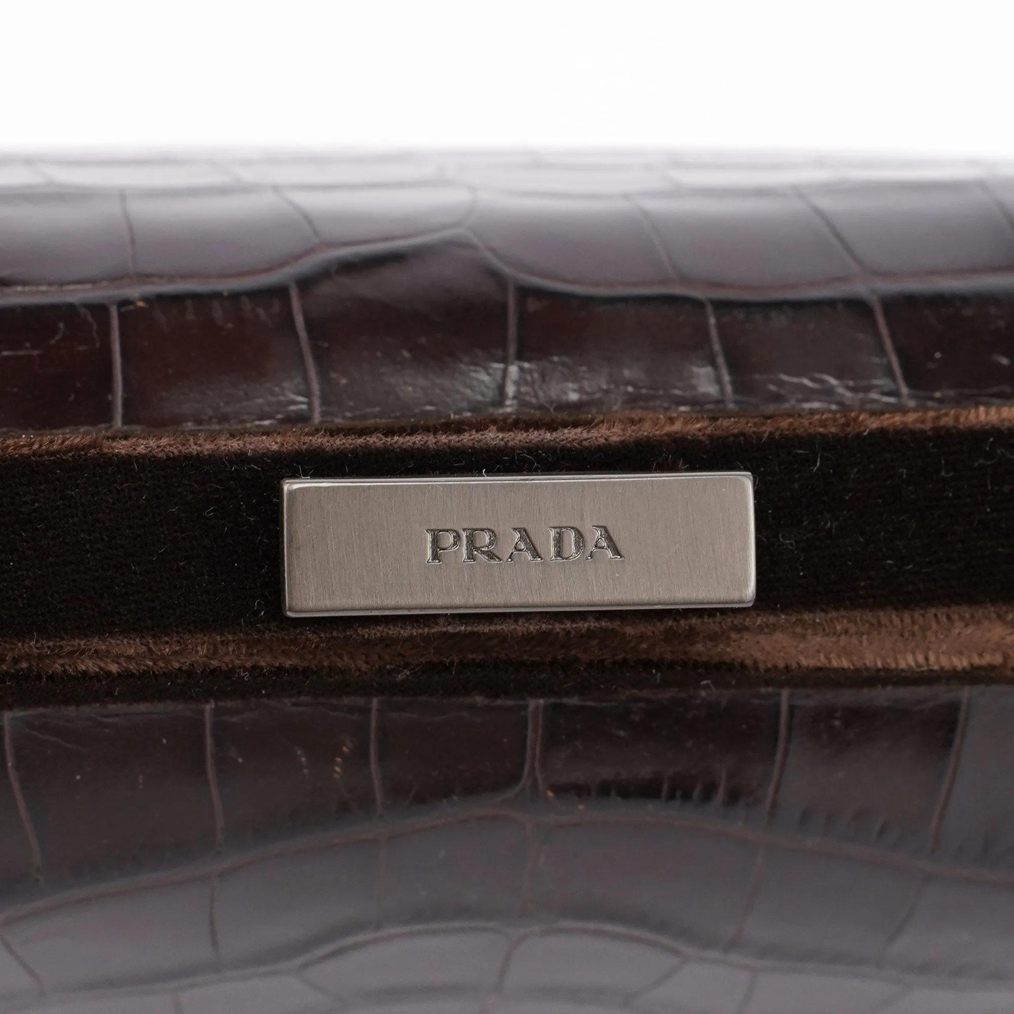 Brown Croc Embossed Clutch Top Handle Bag