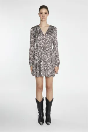 Brown-Ditsy V-Neck Mini-Dress