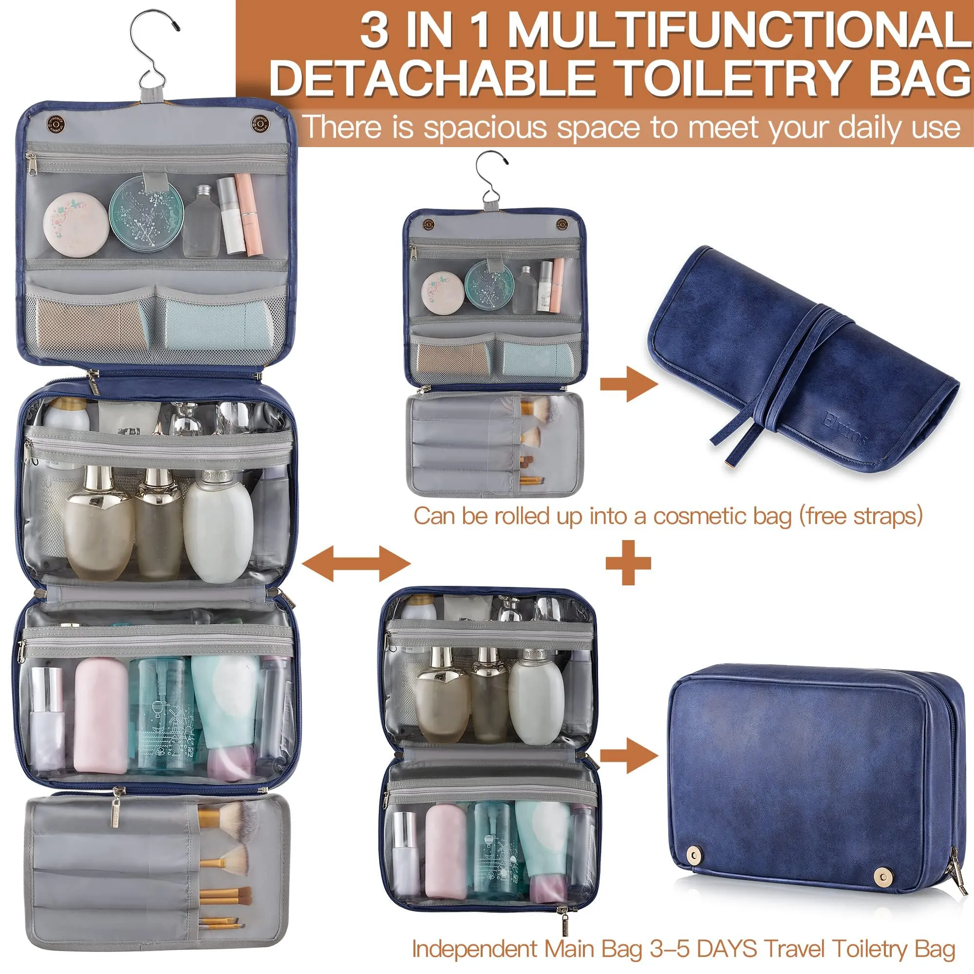 Elviros Hanging Toiletry Bag for Men Travel Essentials 3-in-1 Large Waterproof Dopp Kit PU Leather Shaving Bag with Separate Compartments for Grooming and Toiletries