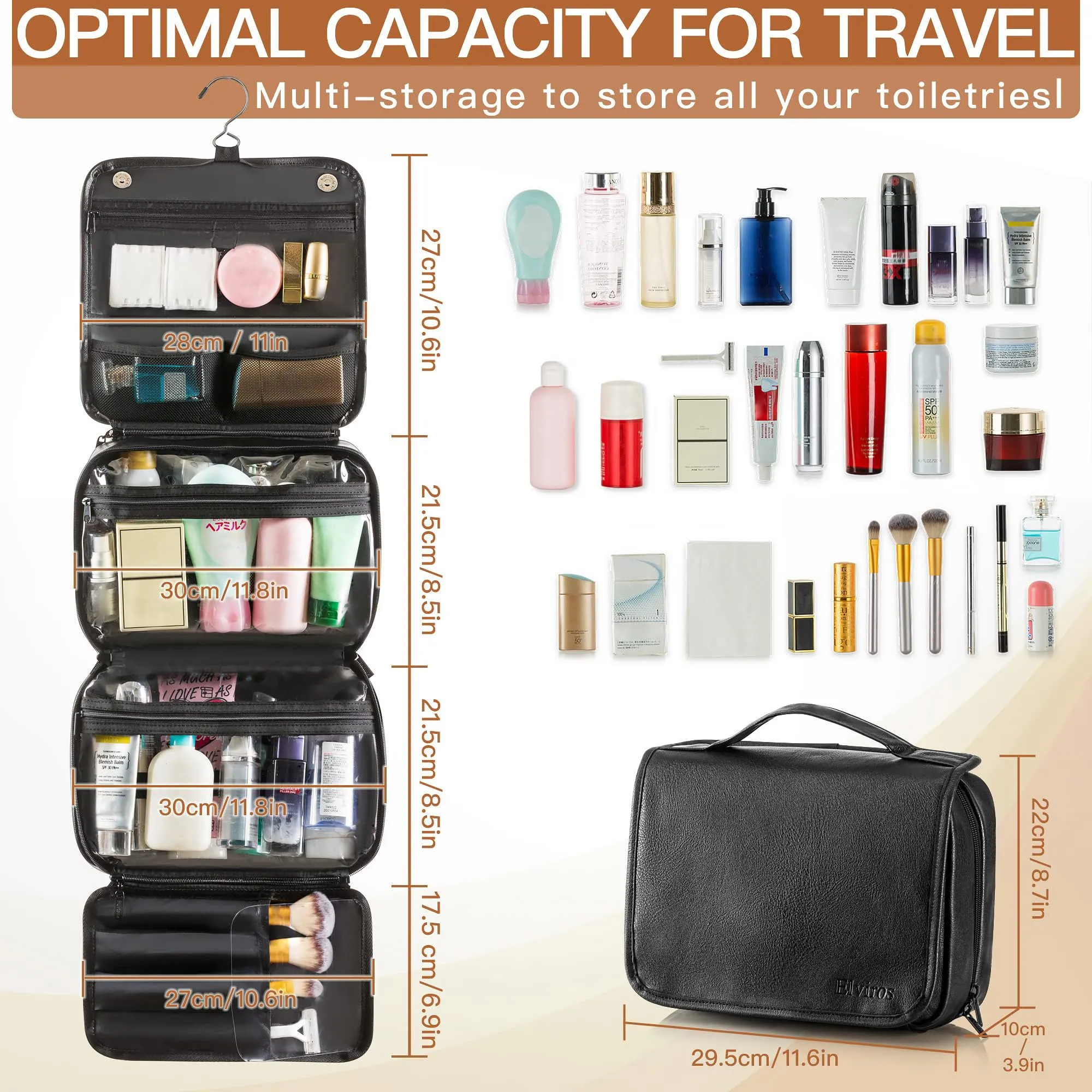 Elviros Hanging Toiletry Bag Removable Travel Bag PU leather Makeup Cosmetic Organizer Kit, Black