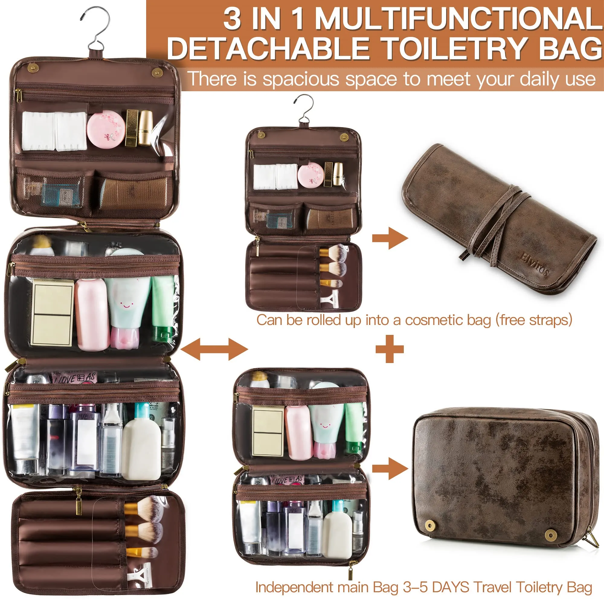 Elviros Hanging Toiletry Bag Removable Travel Bag PU leather Makeup Cosmetic Organizer Kit, Coffee