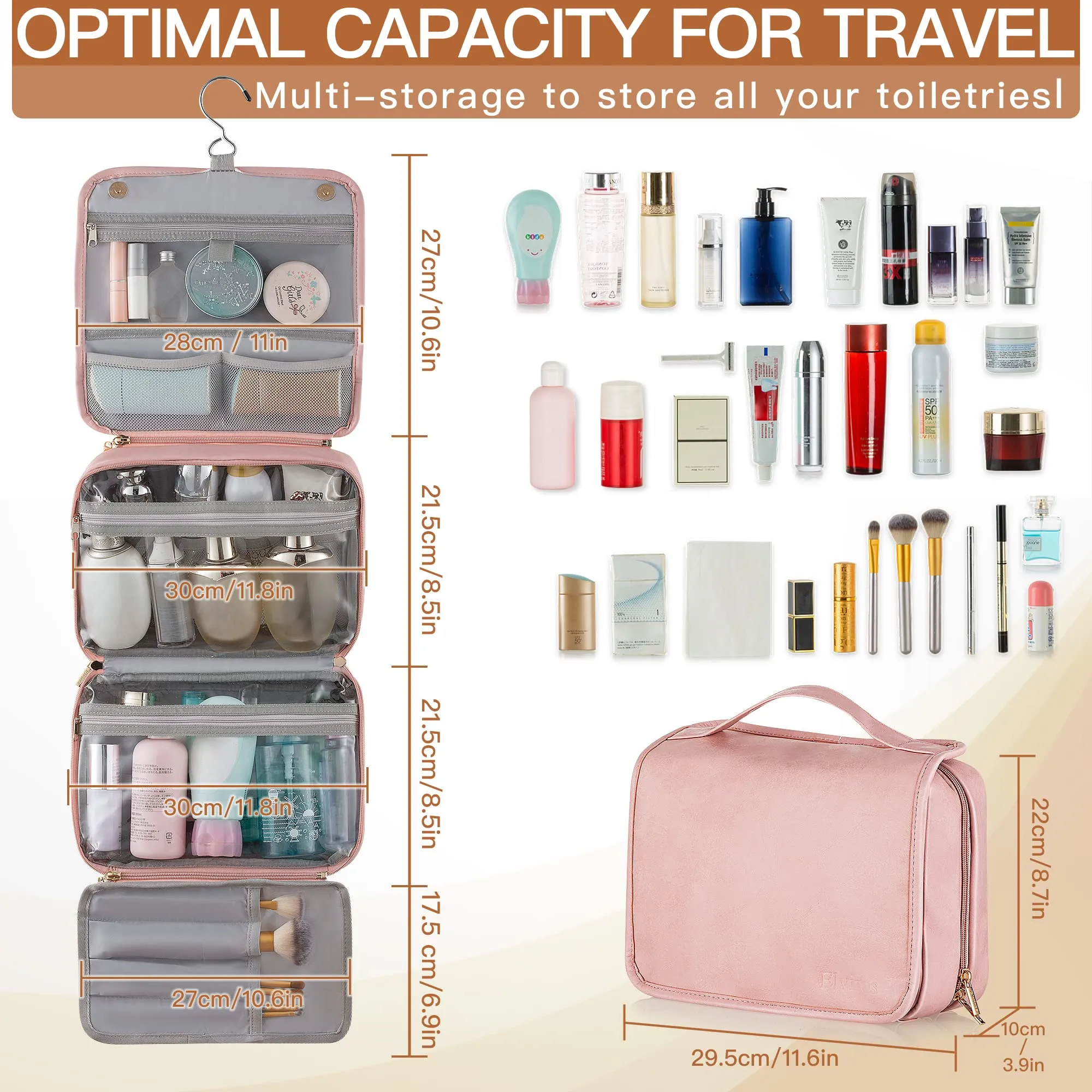 Elviros Hanging Travel Toiletry Bag for Women, 3-in-1 Large Makeup Bag and Cosmetic Organizer, Vegan Leather Waterproof Skincare Case for Travel Size Toiletries and Accessories