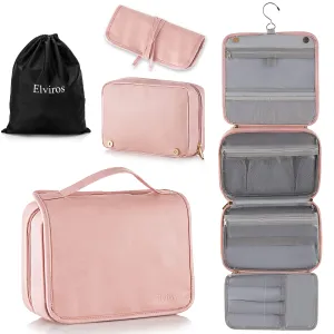 Elviros Hanging Travel Toiletry Bag for Women, 3-in-1 Large Makeup Bag and Cosmetic Organizer, Vegan Leather Waterproof Skincare Case for Travel Size Toiletries and Accessories