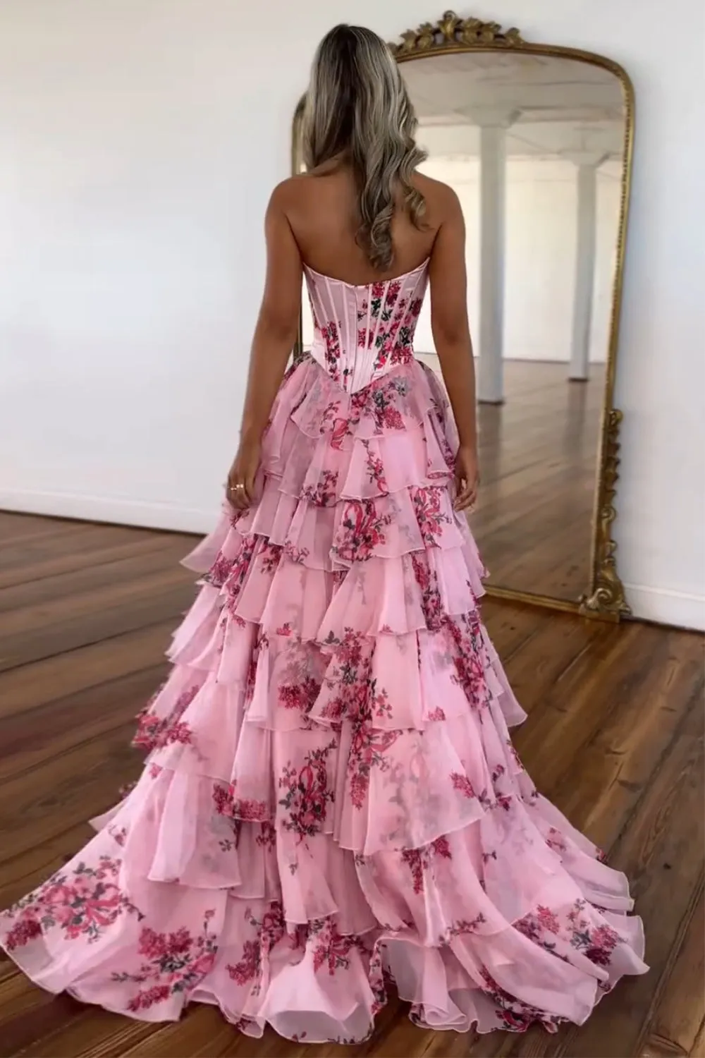 Floral Blush A-Line Strapless Corset Tiered Long Chiffon Prom Dress with Slit