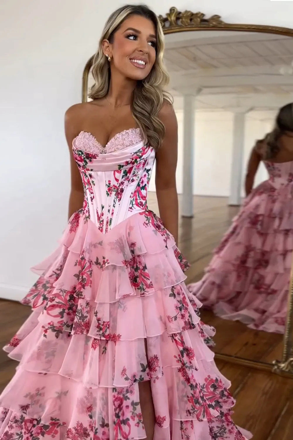 Floral Blush A-Line Strapless Corset Tiered Long Chiffon Prom Dress with Slit