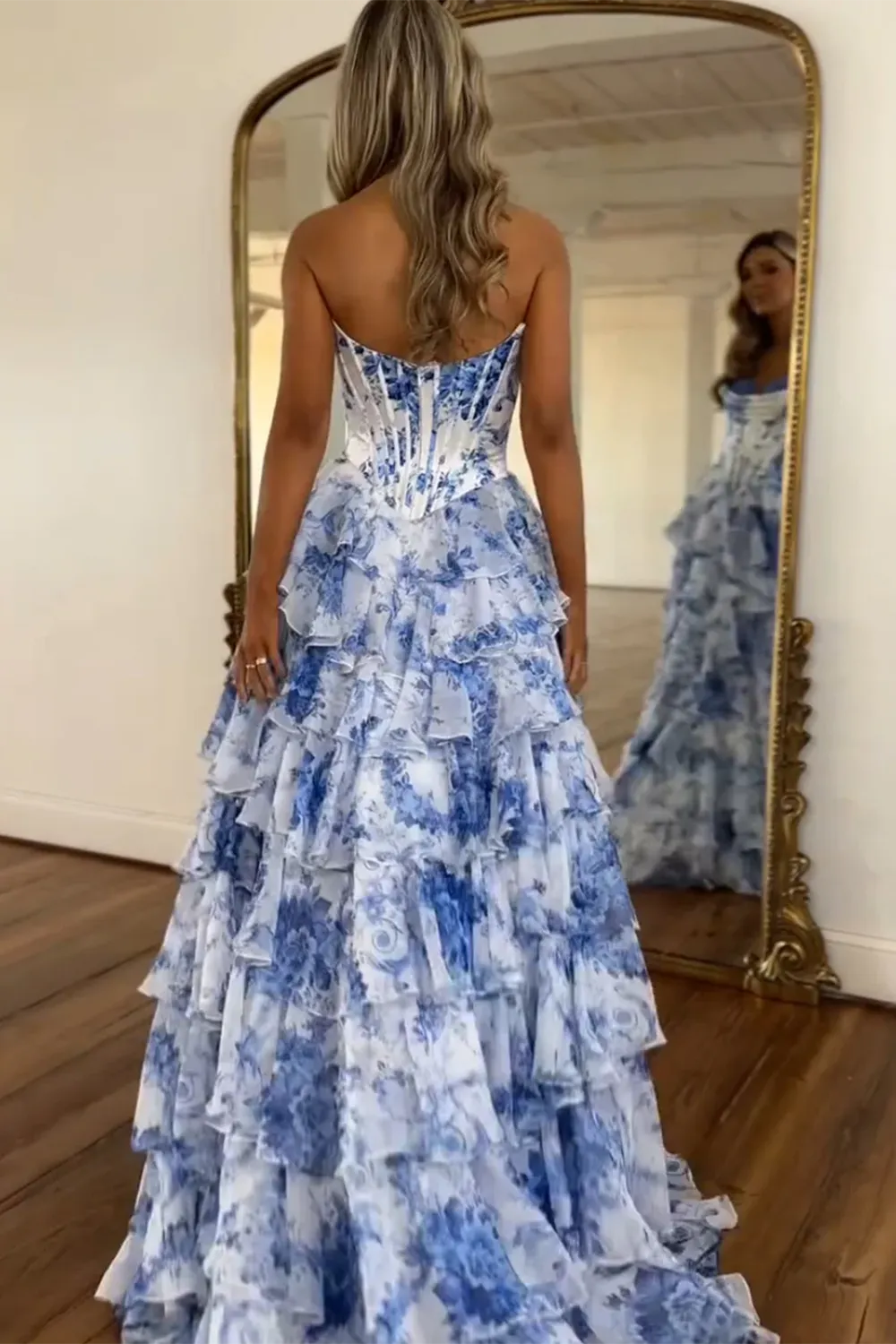Floral Blush A-Line Strapless Corset Tiered Long Chiffon Prom Dress with Slit