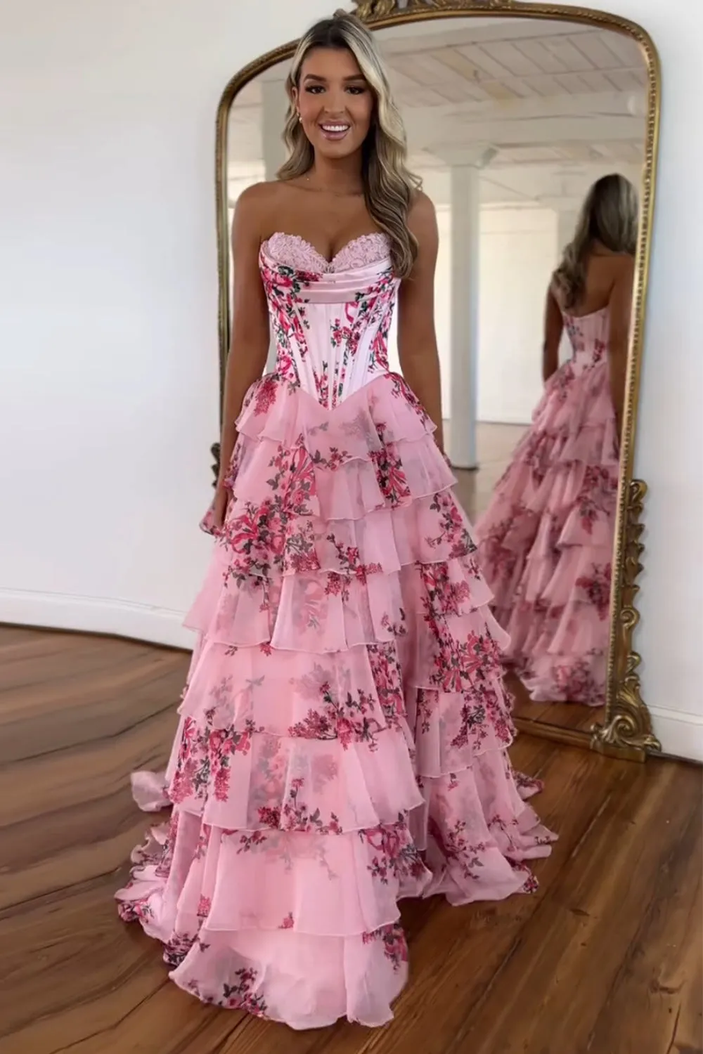 Floral Blush A-Line Strapless Corset Tiered Long Chiffon Prom Dress with Slit