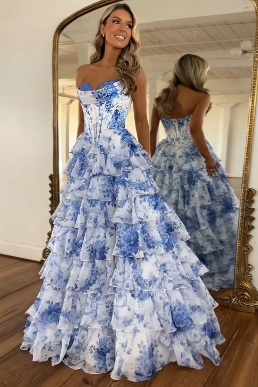 Floral Blush A-Line Strapless Corset Tiered Long Chiffon Prom Dress with Slit