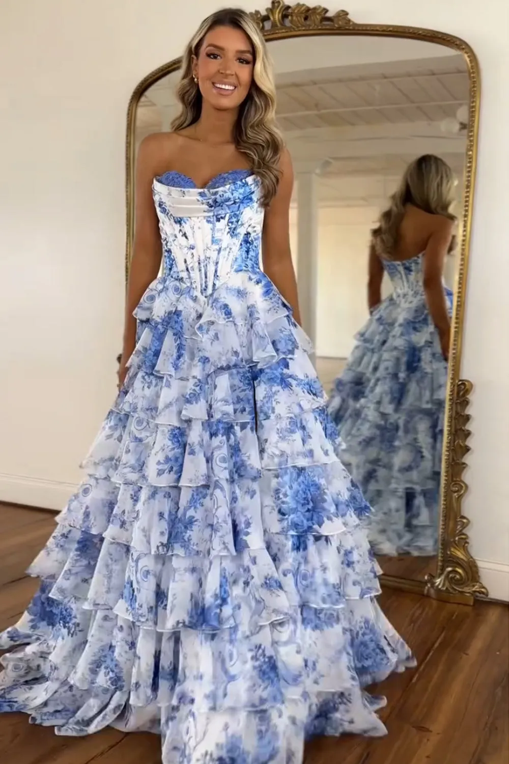 Floral Blush A-Line Strapless Corset Tiered Long Chiffon Prom Dress with Slit