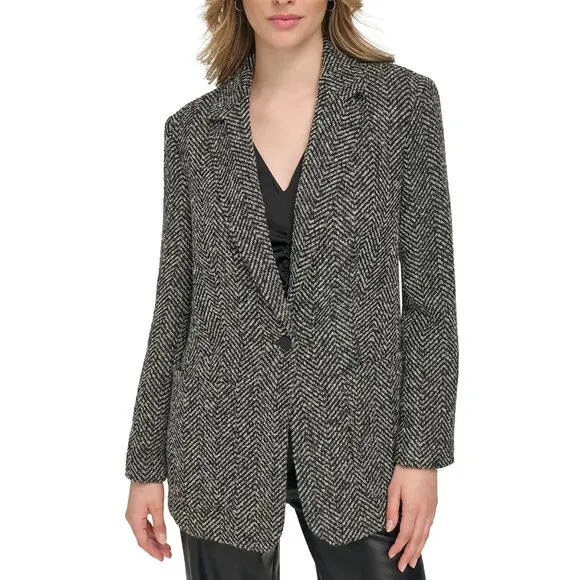 GAP Black/Gray Wool Blend Herringbone Boucle Blazer Coat Women's Size Large
