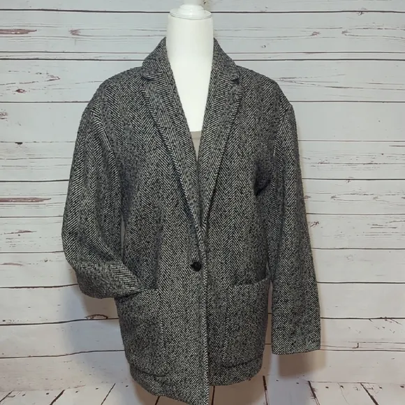 GAP Black/Gray Wool Blend Herringbone Boucle Blazer Coat Women's Size Large