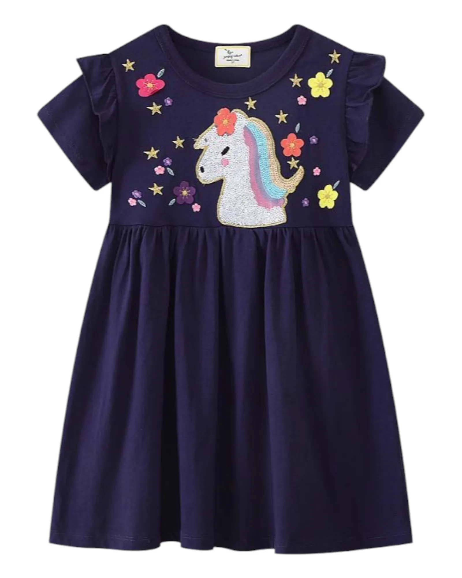 Girls' Dress with Sequin Unicorn and Flower Design