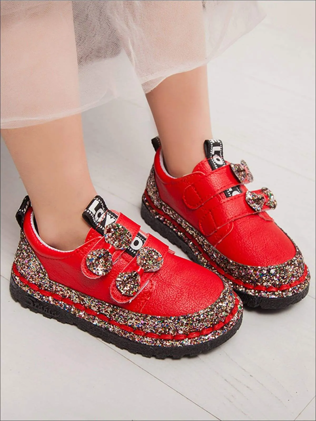 Girls Glitter Bow Double Strap Princess Sneakers By Liv and Mia