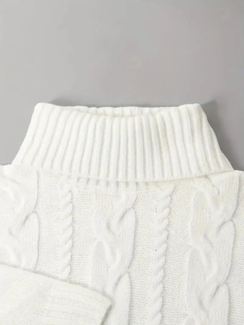 JazzHer Turtle Neck Dual Pocket Cable Knit Sweater Dress
