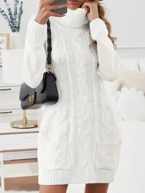 JazzHer Turtle Neck Dual Pocket Cable Knit Sweater Dress
