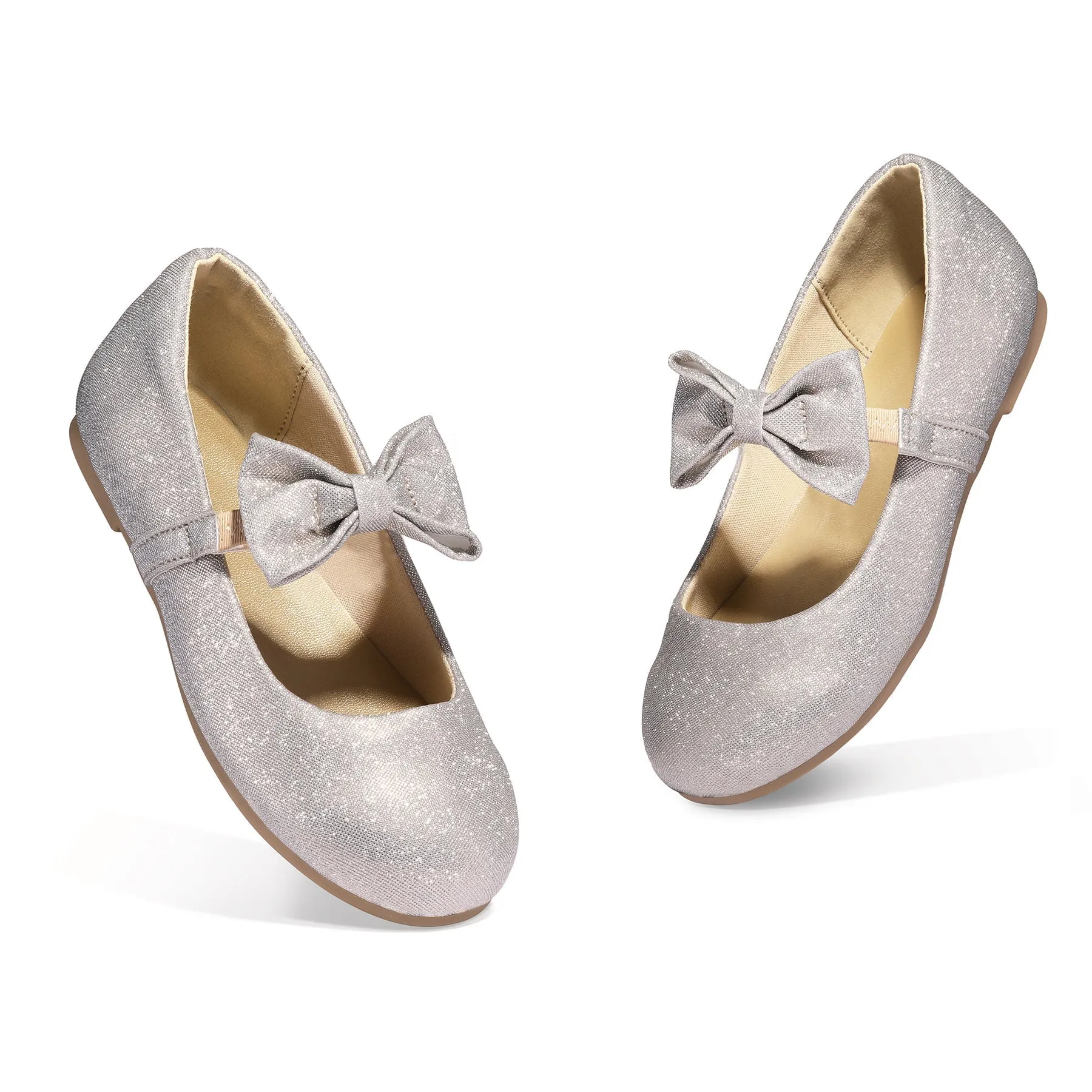 Kids Dress Shoes-Bow Strap Glitter Mary Jane Flats