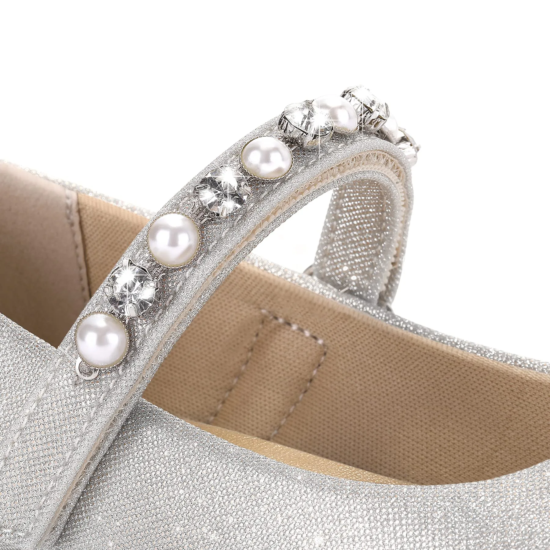 Kids Dress Shoes-Mary Jane Flats with Pearl Rhinestone Strap