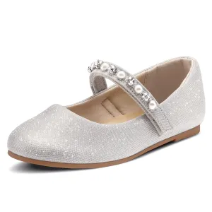 Kids Dress Shoes-Mary Jane Flats with Pearl Rhinestone Strap