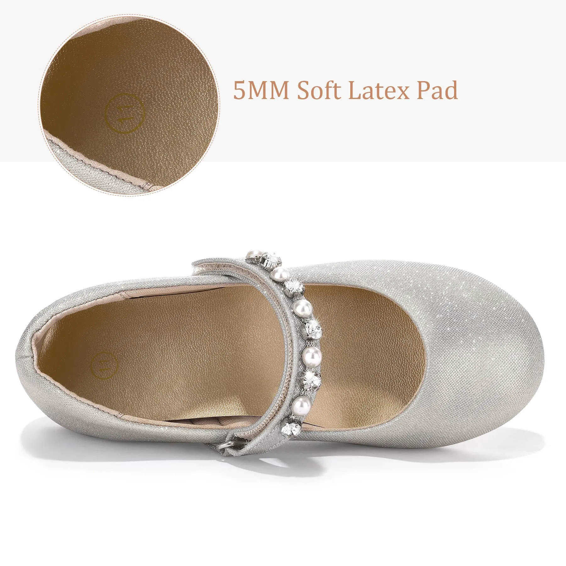 Kids Dress Shoes-Mary Jane Flats with Pearl Rhinestone Strap