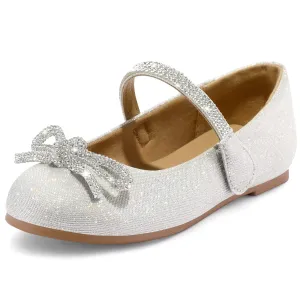 Kids Dress Shoes-Rhinestone Bow Embellished Glitter Mary Jane Flats