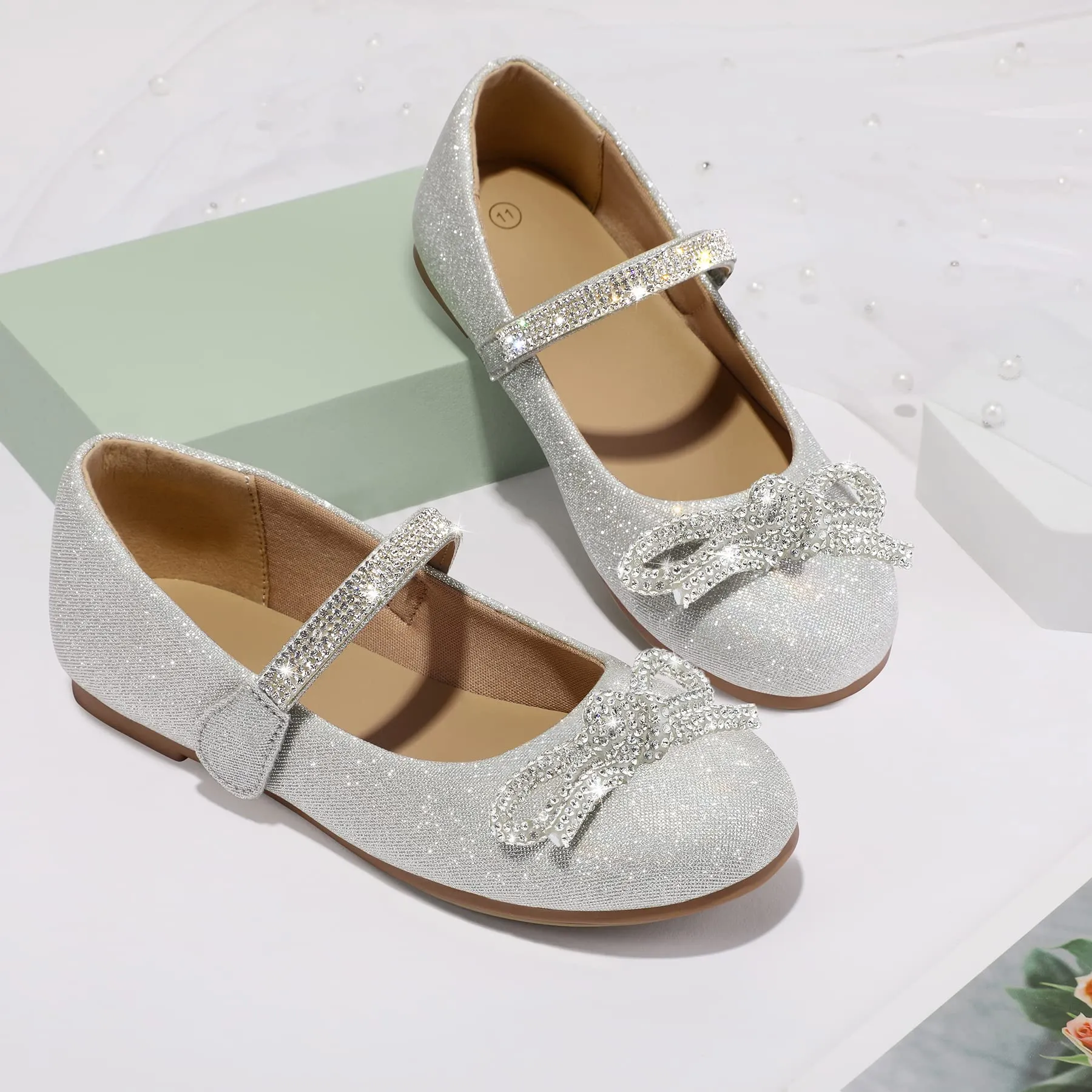 Kids Dress Shoes-Rhinestone Bow Embellished Glitter Mary Jane Flats
