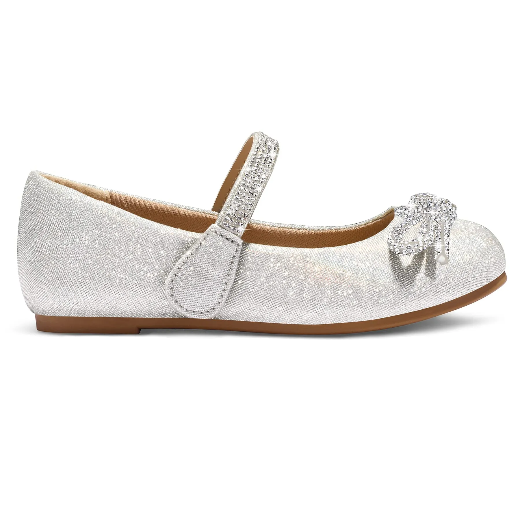 Kids Dress Shoes-Rhinestone Bow Embellished Glitter Mary Jane Flats