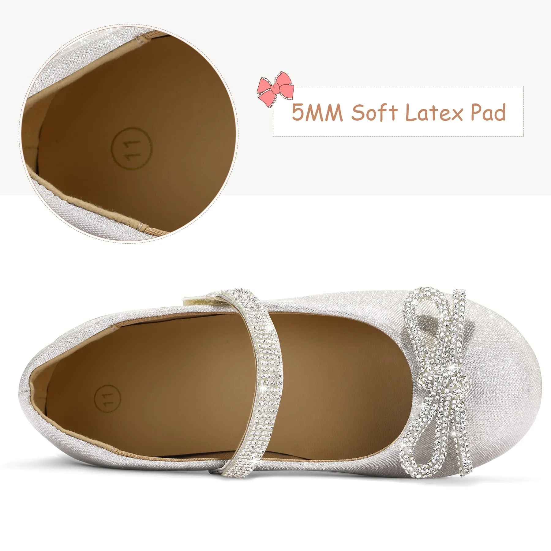 Kids Dress Shoes-Rhinestone Bow Embellished Glitter Mary Jane Flats
