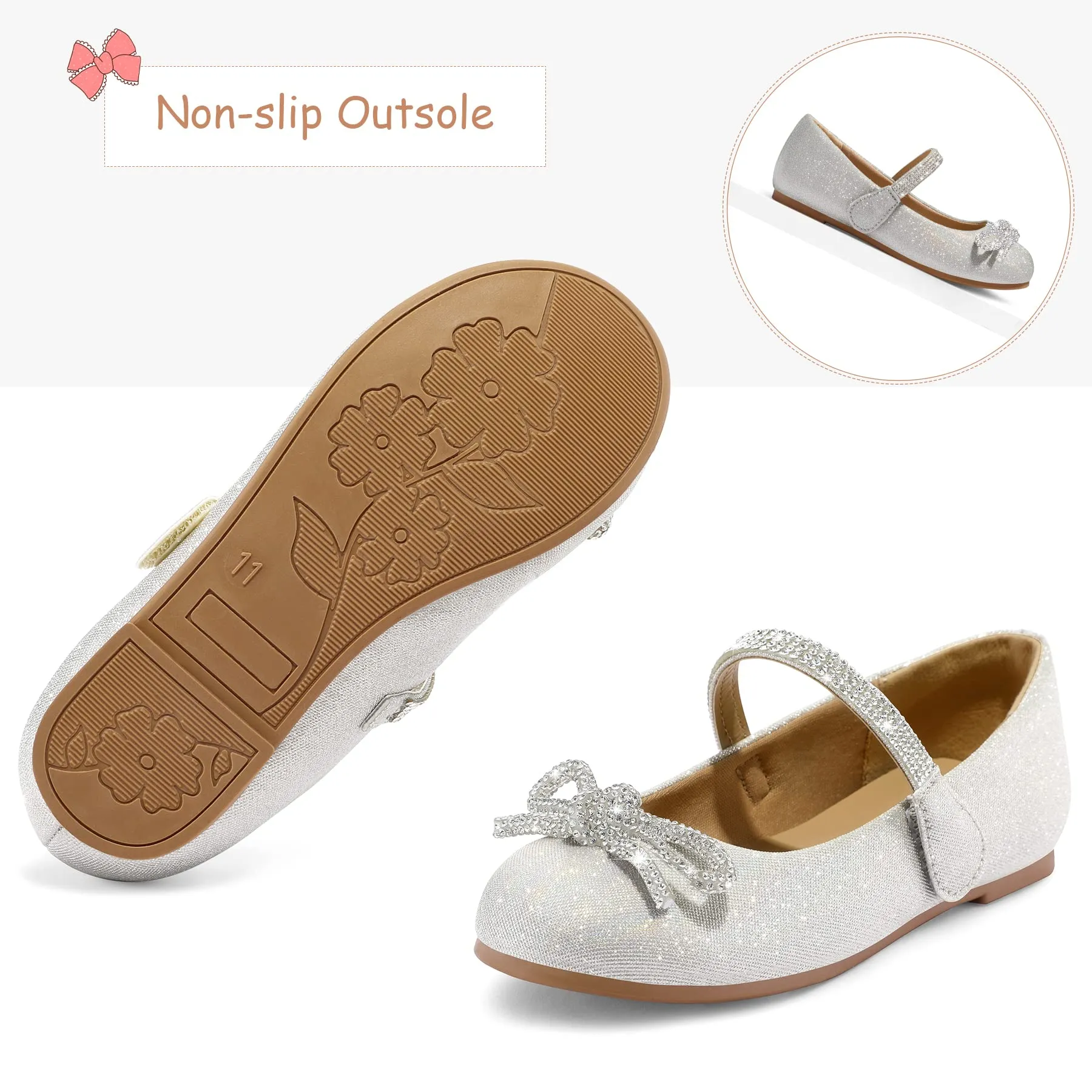 Kids Dress Shoes-Rhinestone Bow Embellished Glitter Mary Jane Flats