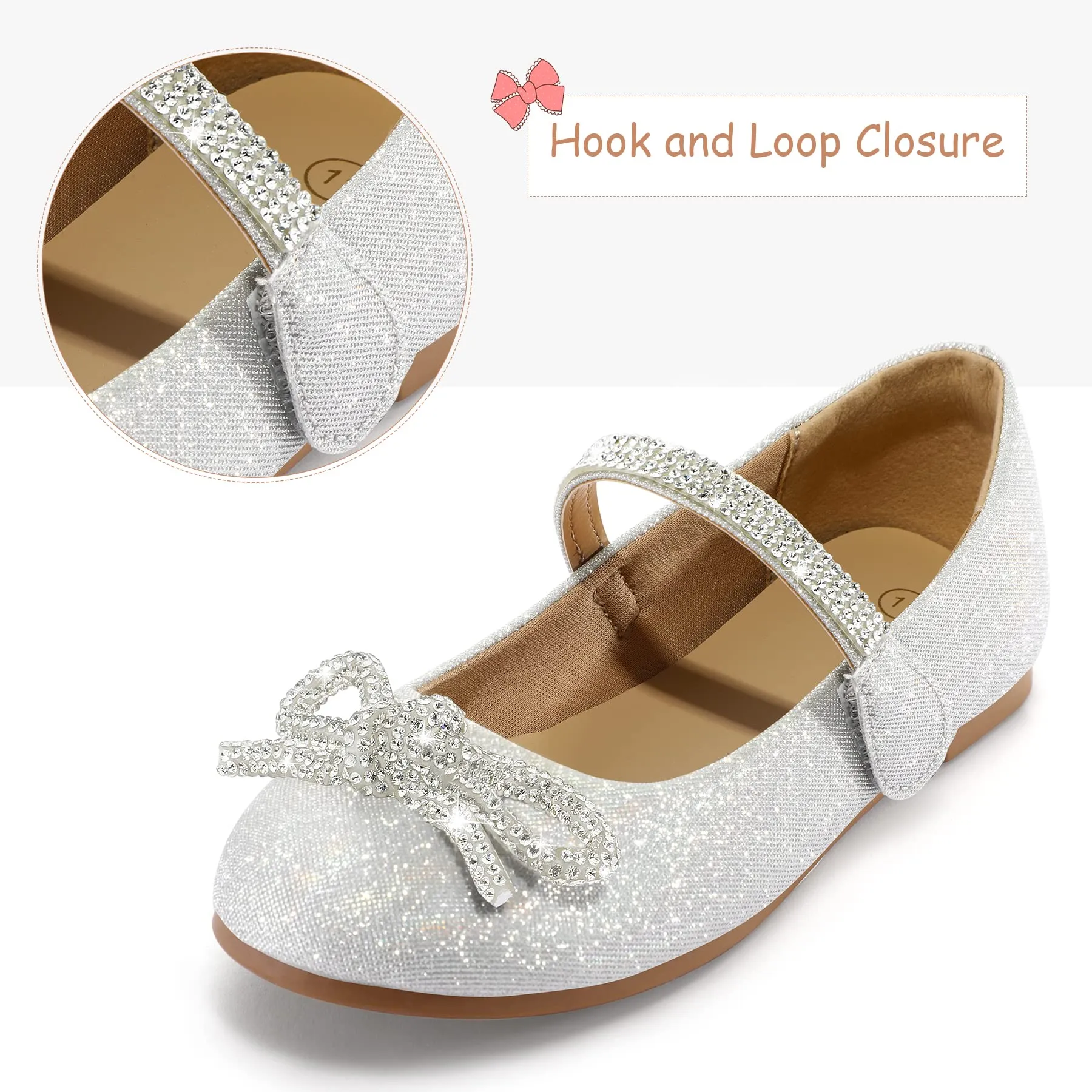 Kids Dress Shoes-Rhinestone Bow Embellished Glitter Mary Jane Flats