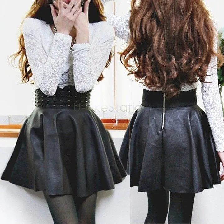 Leather Skirt item Fashion Women/Lady Retro Rivet Synthetic Leather Skirt High Waist Skater Flared Pleated Mini Skirt