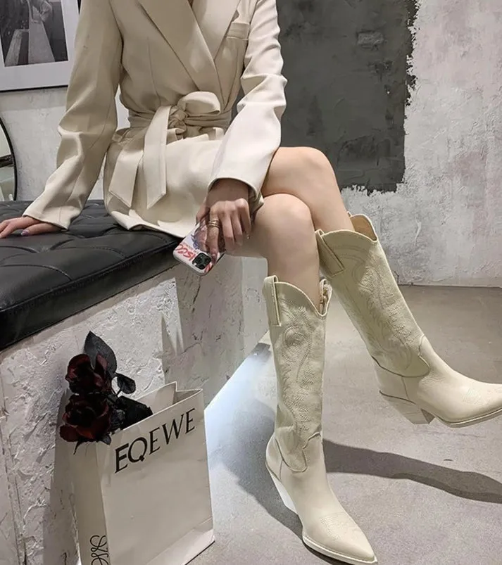 Leather women's cowboy boots knee high - must-have for winter