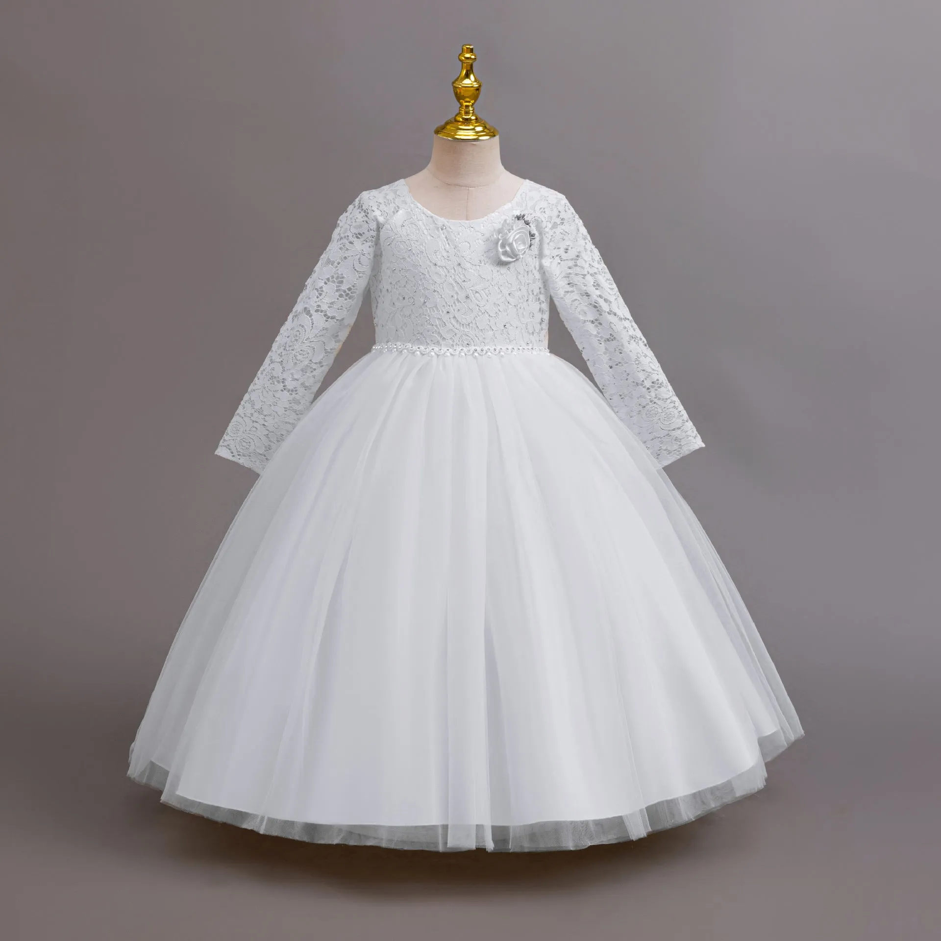 Long Sleeve Lace Flower Girl Gown with Full Tulle Skirt and Floral Accent