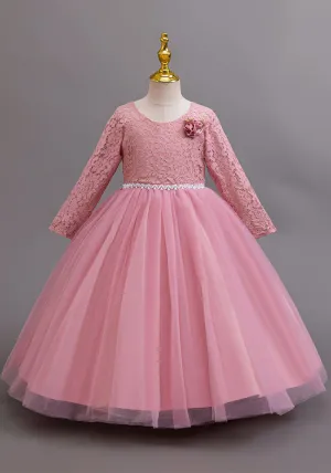 Long Sleeve Lace Flower Girl Gown with Full Tulle Skirt and Floral Accent